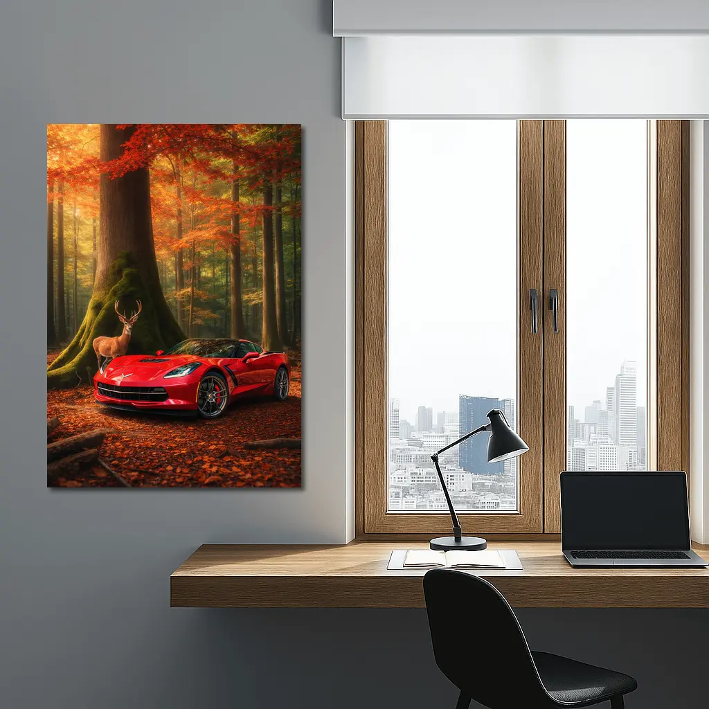 Chevrolet Corvette Red Car Autumn Forest Deer – Wall Art