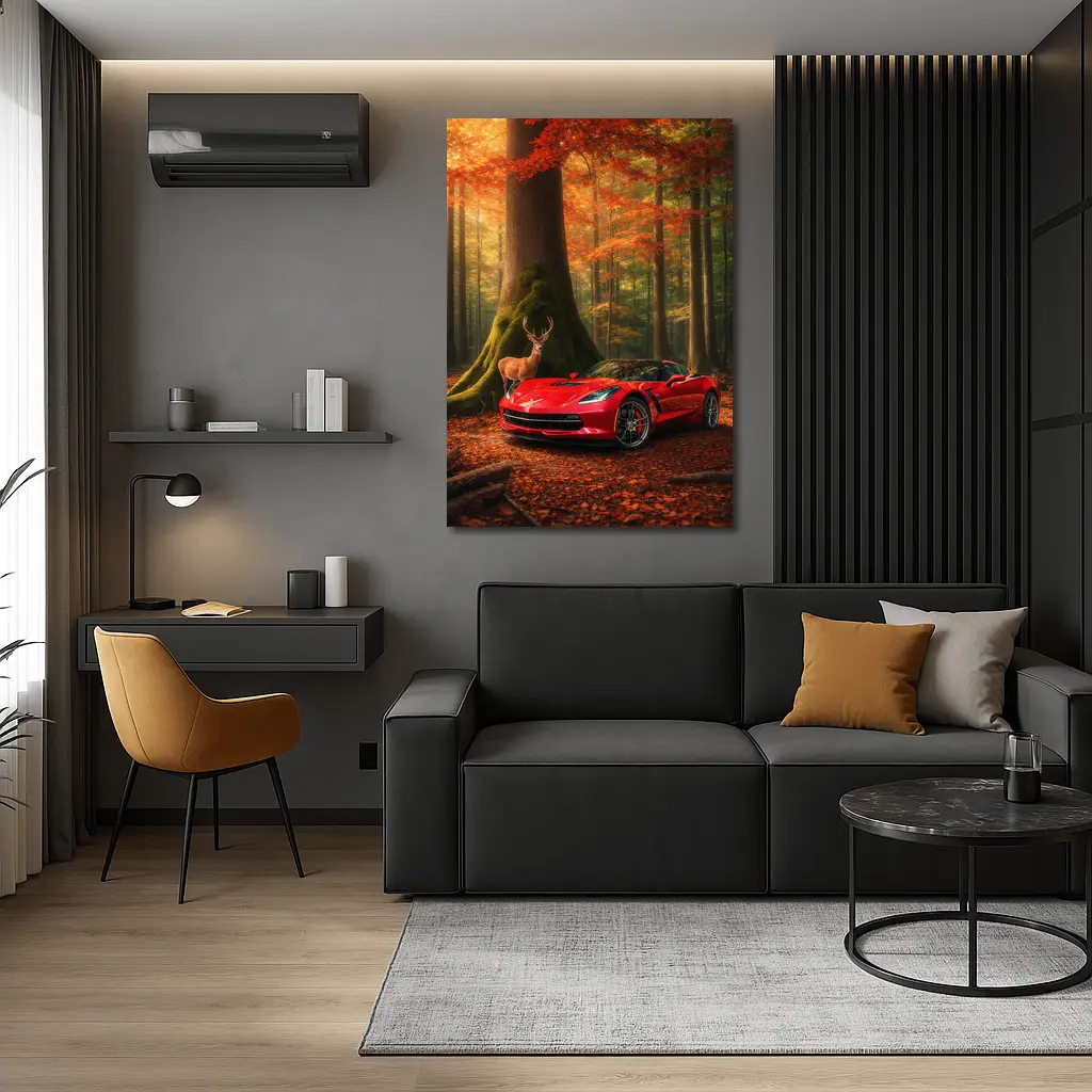 Chevrolet Corvette Red Car Autumn Forest Deer – Wall Art