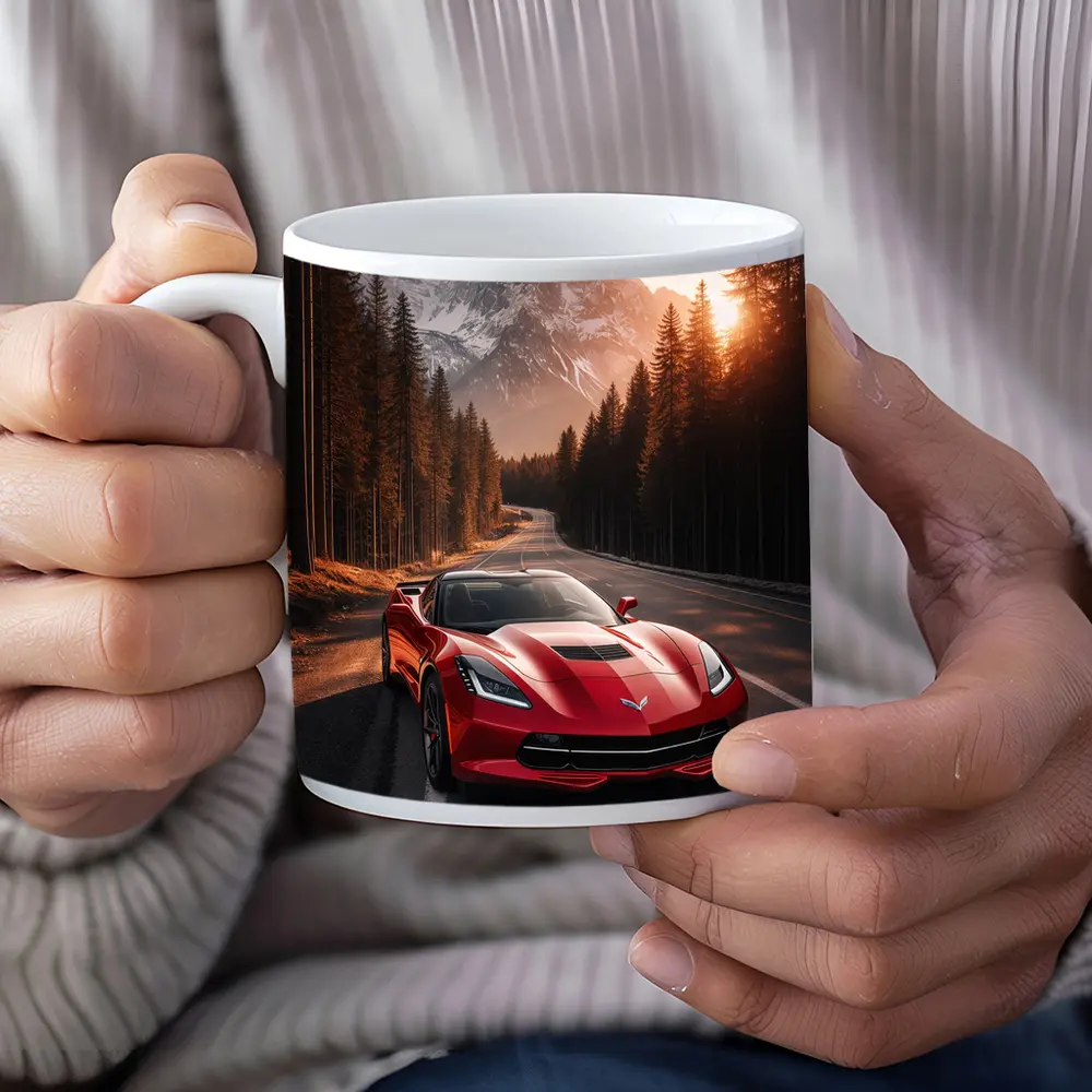 Red Chevrolet Corvette Mountain Forest Road – Mugs