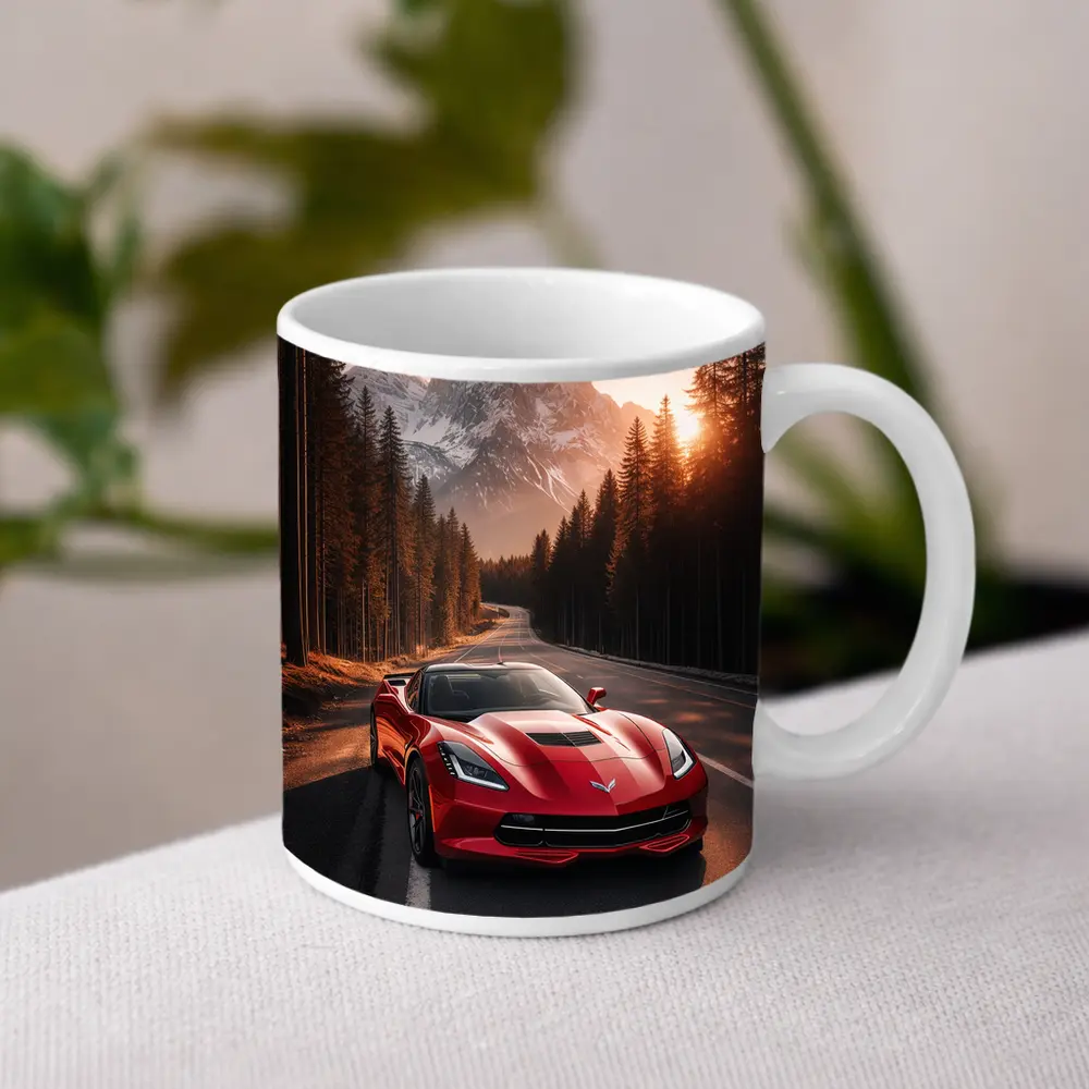 Red Chevrolet Corvette Mountain Forest Road – Mugs