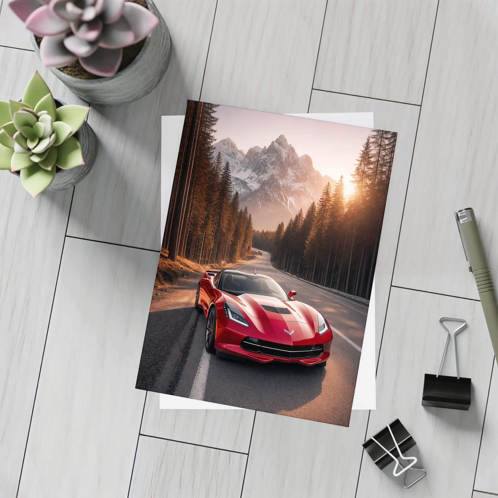Red Chevrolet Corvette Mountain Forest Road – Postcards