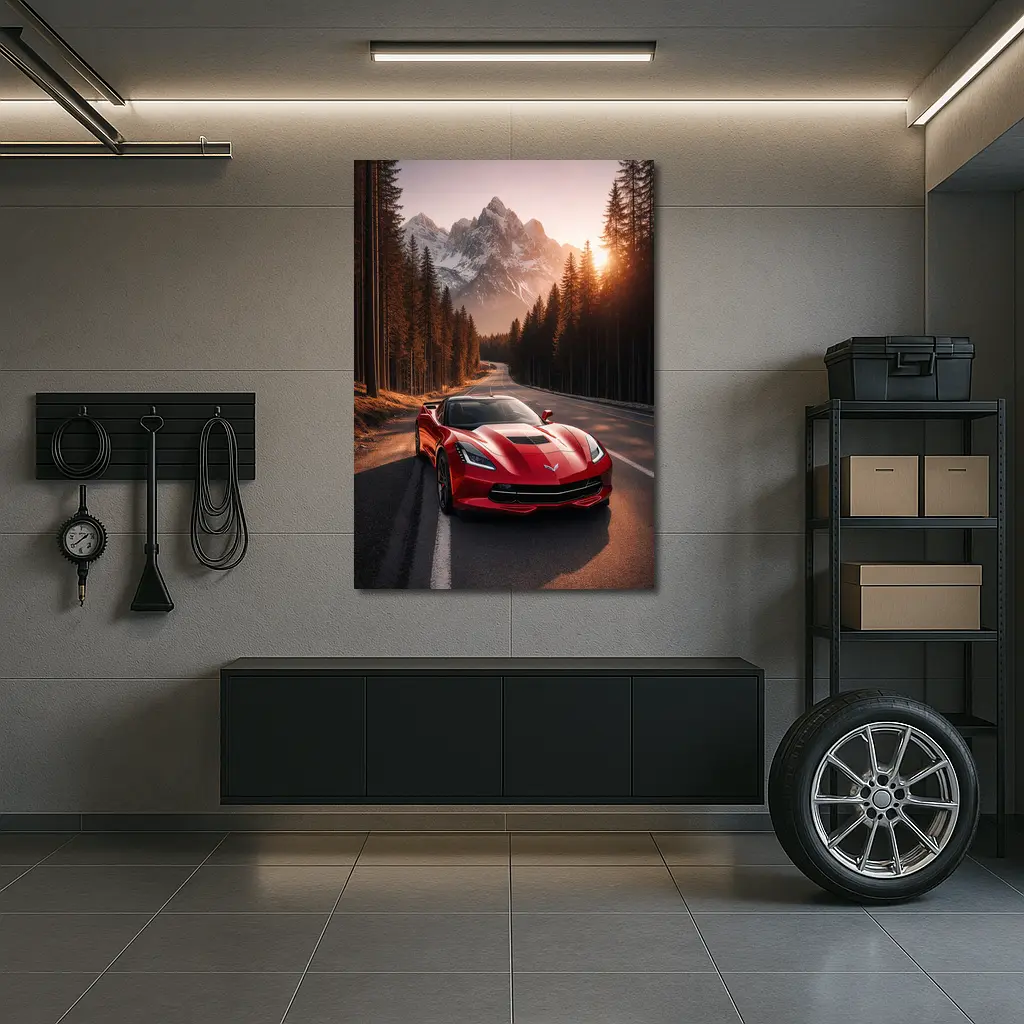 Red Chevrolet Corvette Mountain Forest Road – Wall Art