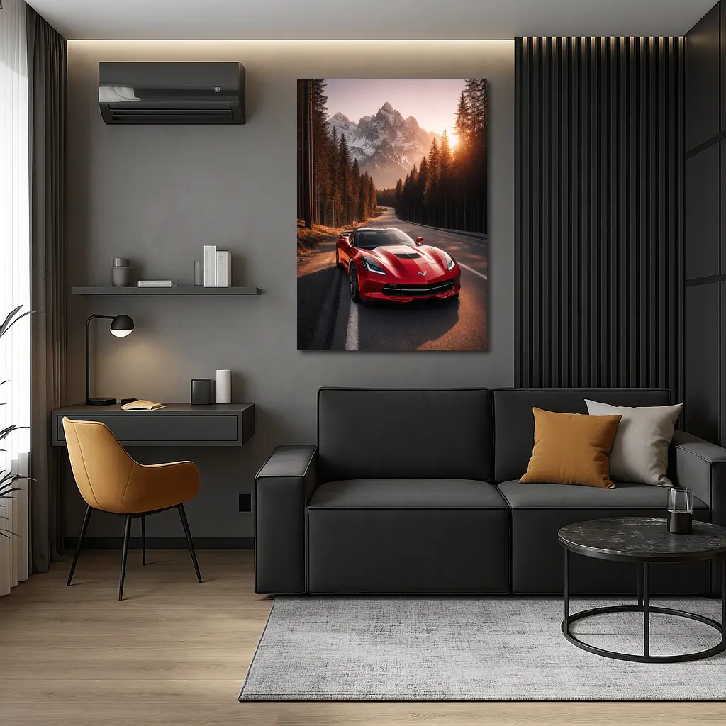 Red Chevrolet Corvette Mountain Forest Road – Wall Art