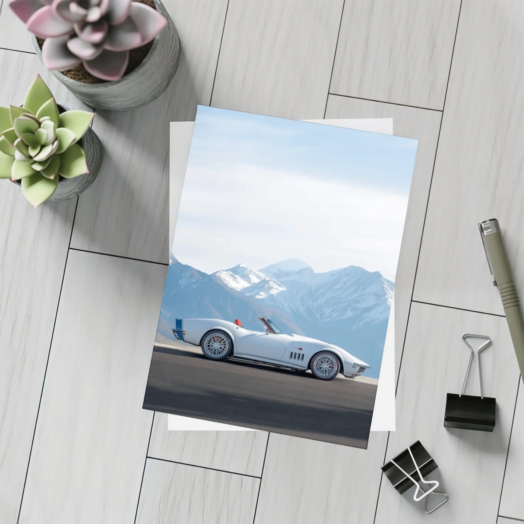 Chevrolet Corvette White Classic Mountain Backdrop – Postcards