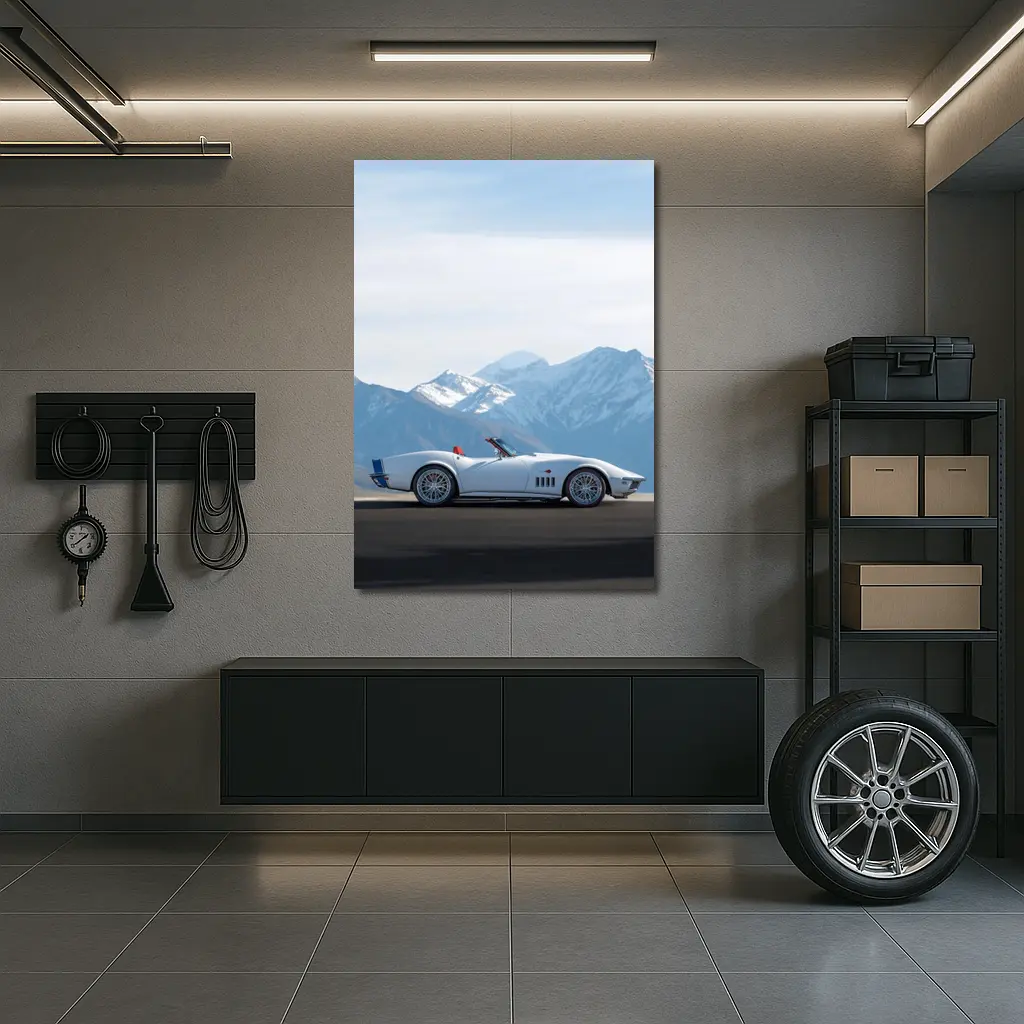 Chevrolet Corvette White Classic Mountain Backdrop – Wall Art