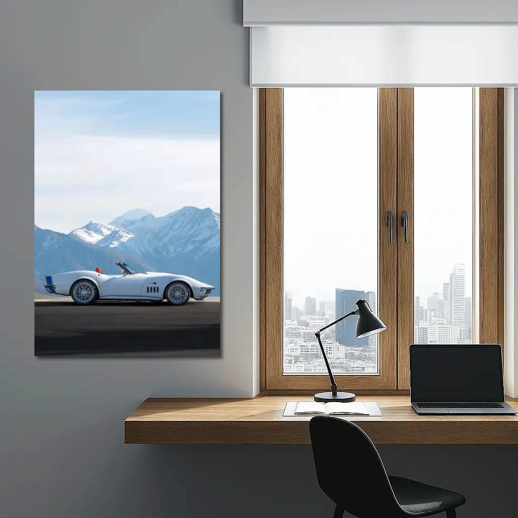 Chevrolet Corvette White Classic Mountain Backdrop – Wall Art