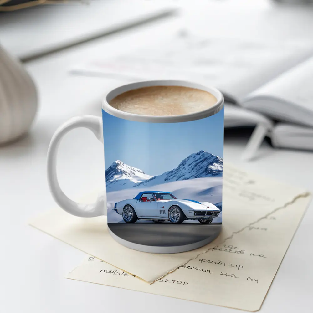 Chevrolet Corvette White Snow Mountains Background – Mugs