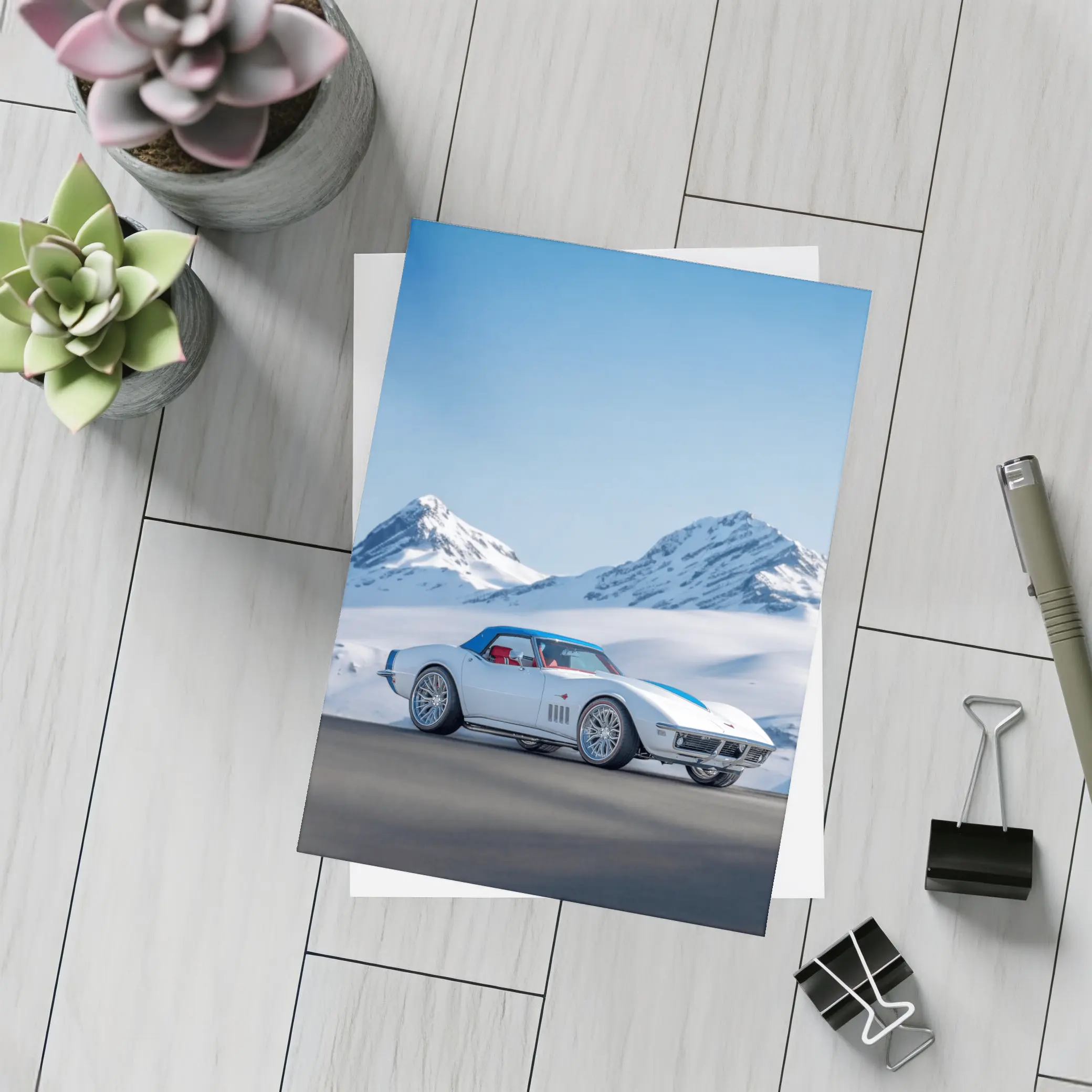 Chevrolet Corvette White Snow Mountains Background – Postcards