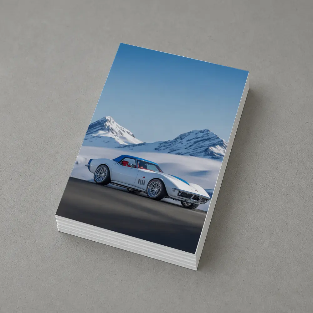 Chevrolet Corvette White Snow Mountains Background – Postcards