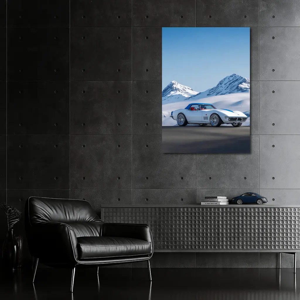 Chevrolet Corvette White Snow Mountains Background – Wall Art