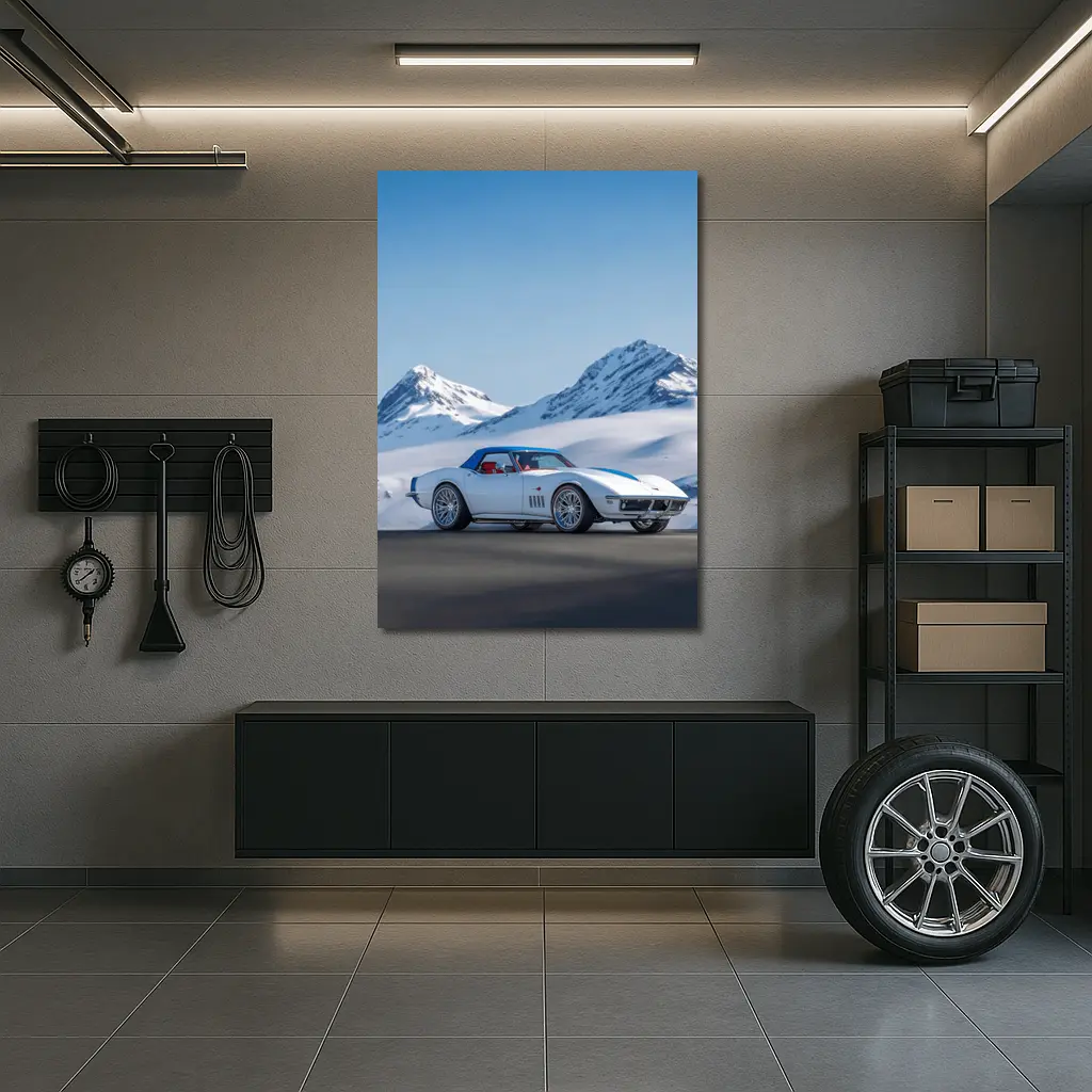 Chevrolet Corvette White Snow Mountains Background – Wall Art