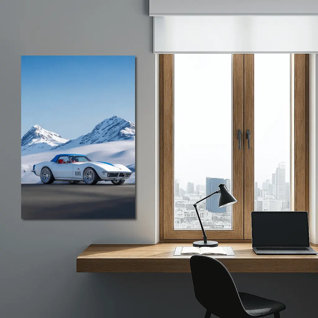 Chevrolet Corvette White Snow Mountains Background – Wall Art