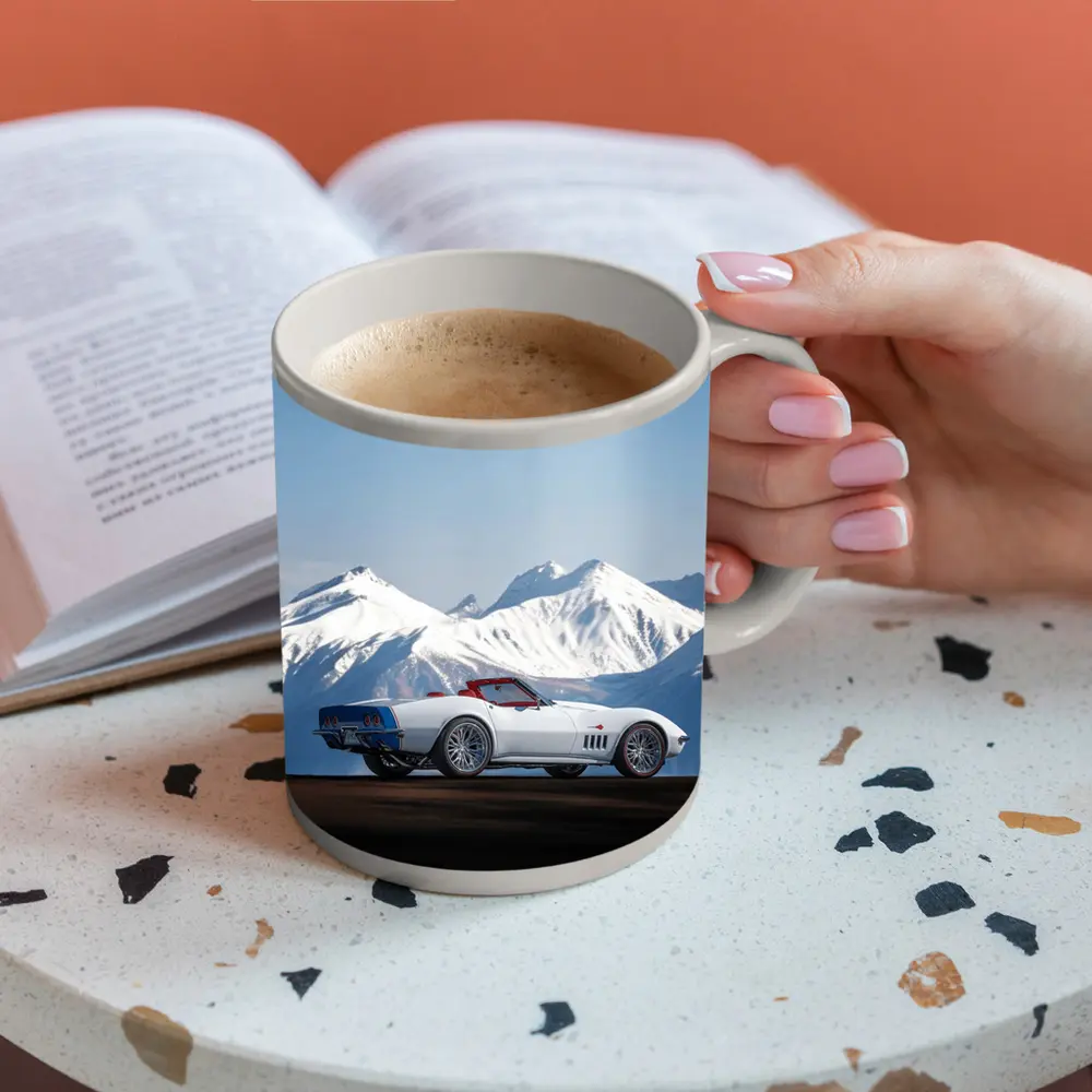Chevrolet Corvette White Convertible Mountain Backdrop – Mugs