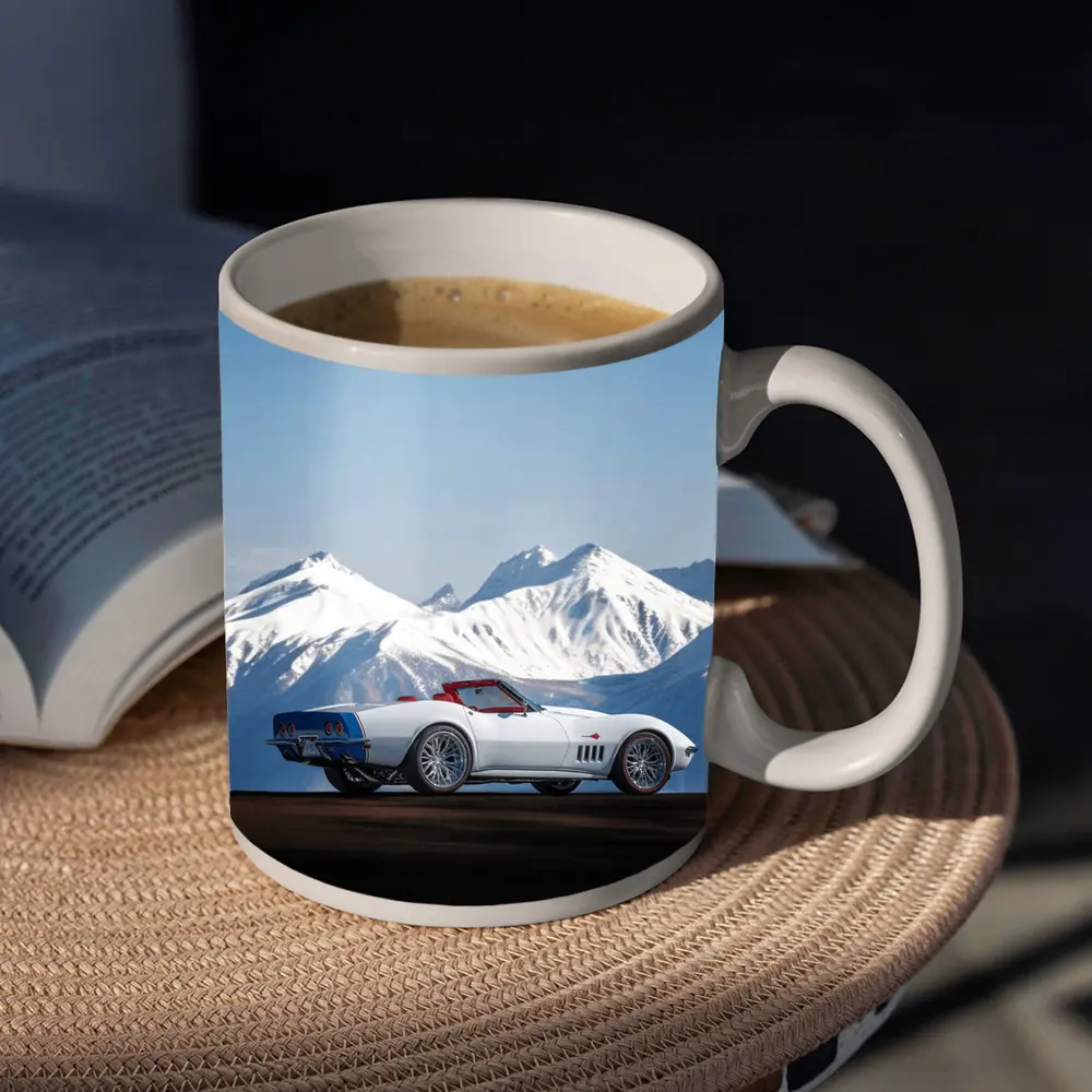 Chevrolet Corvette White Convertible Mountain Backdrop – Mugs