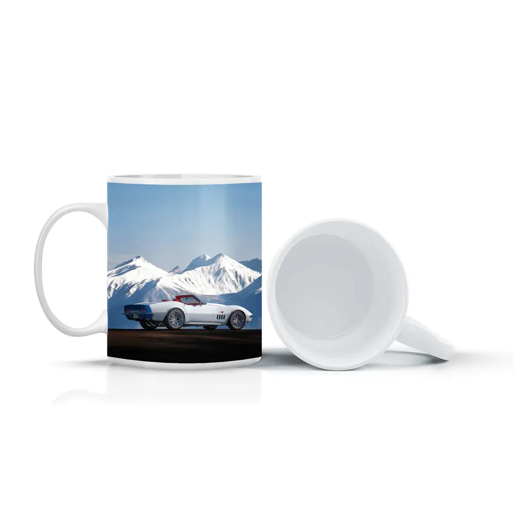 Chevrolet Corvette White Convertible Mountain Backdrop – Mugs