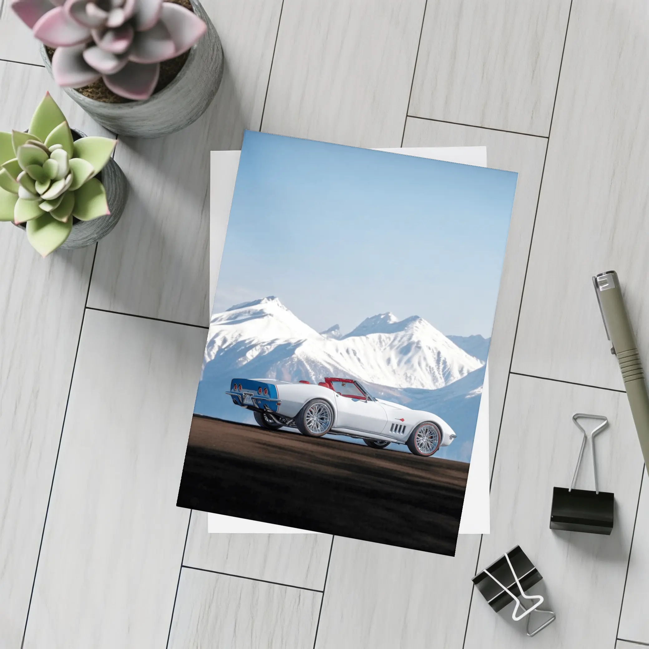 Chevrolet Corvette White Convertible Mountain Backdrop – Postcards