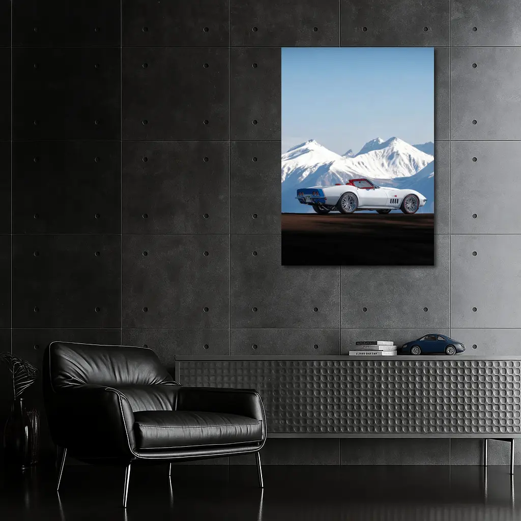 Chevrolet Corvette White Convertible Mountain Backdrop – Wall Art