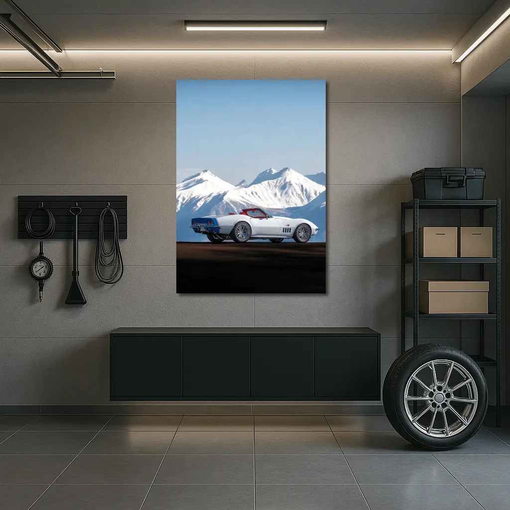 Chevrolet Corvette White Convertible Mountain Backdrop – Wall Art