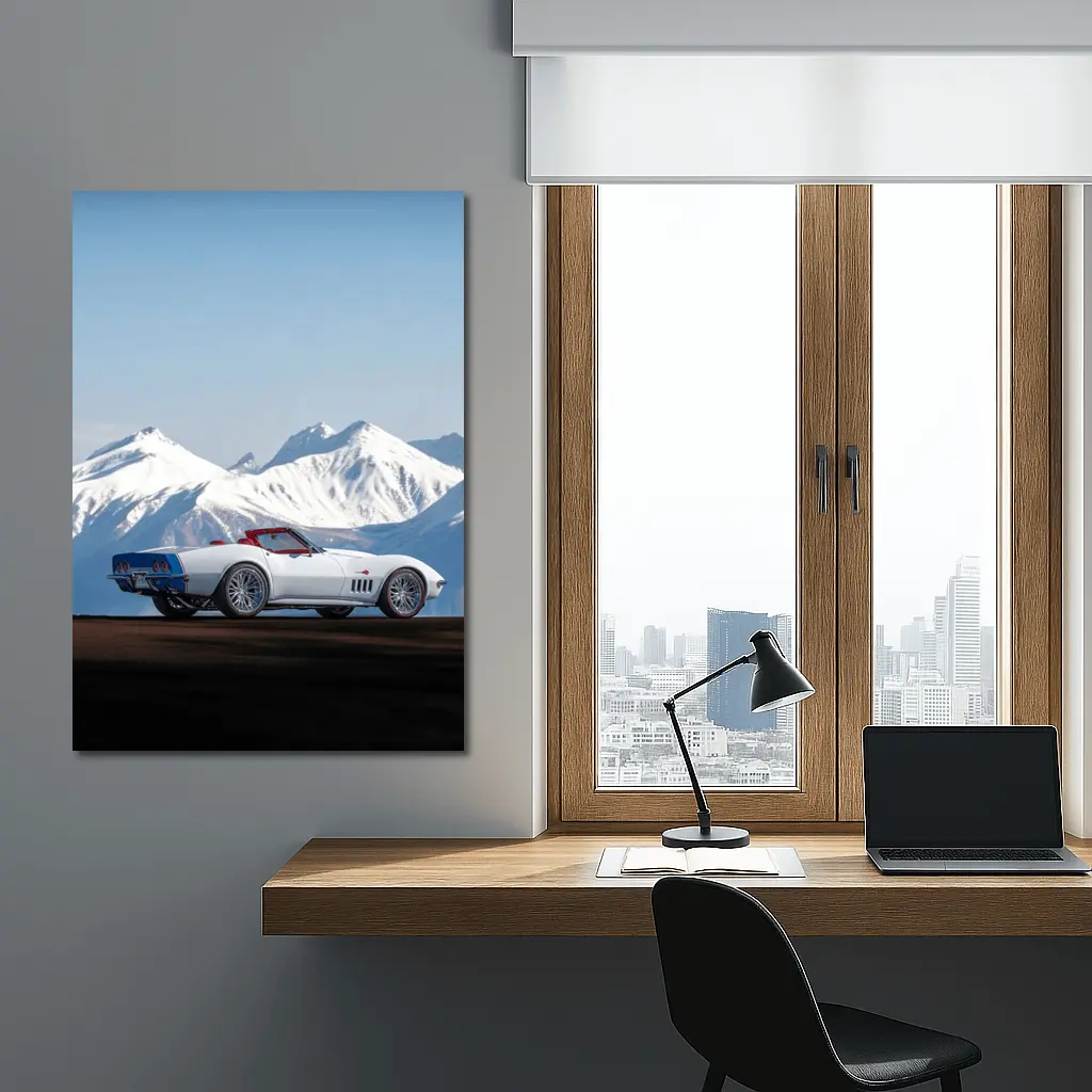 Chevrolet Corvette White Convertible Mountain Backdrop – Wall Art