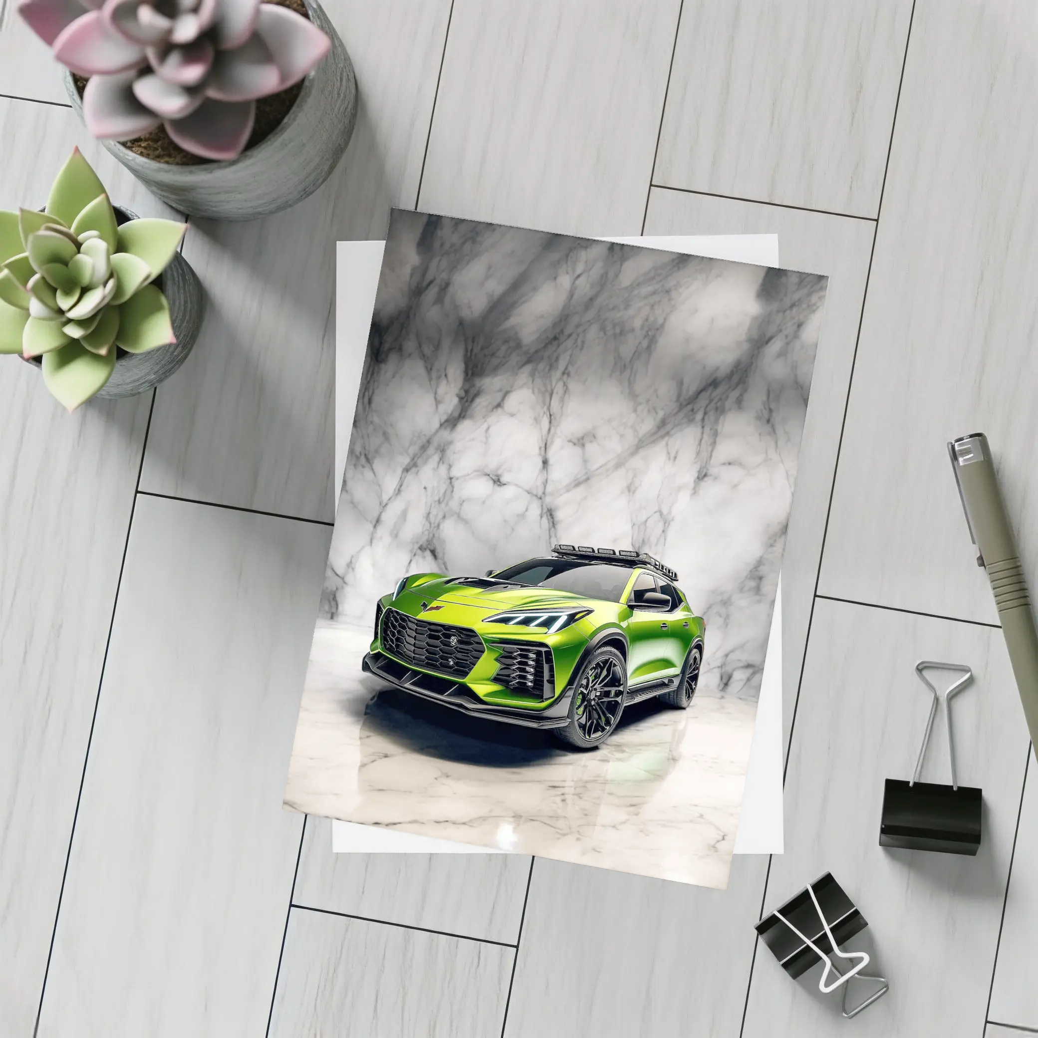 Green Chevrolet Corvette SUV Marble Background – Postcards