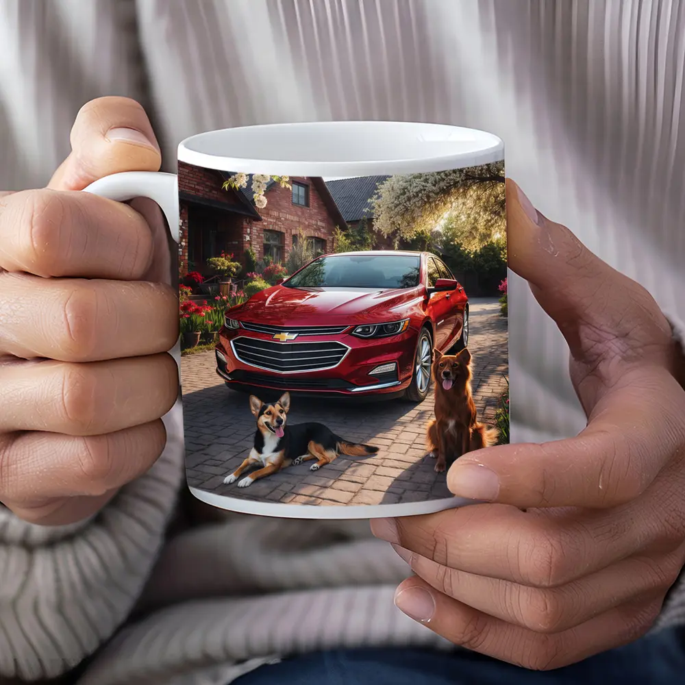 Chevrolet Malibu Red Sedan Dogs Driveway – Mugs