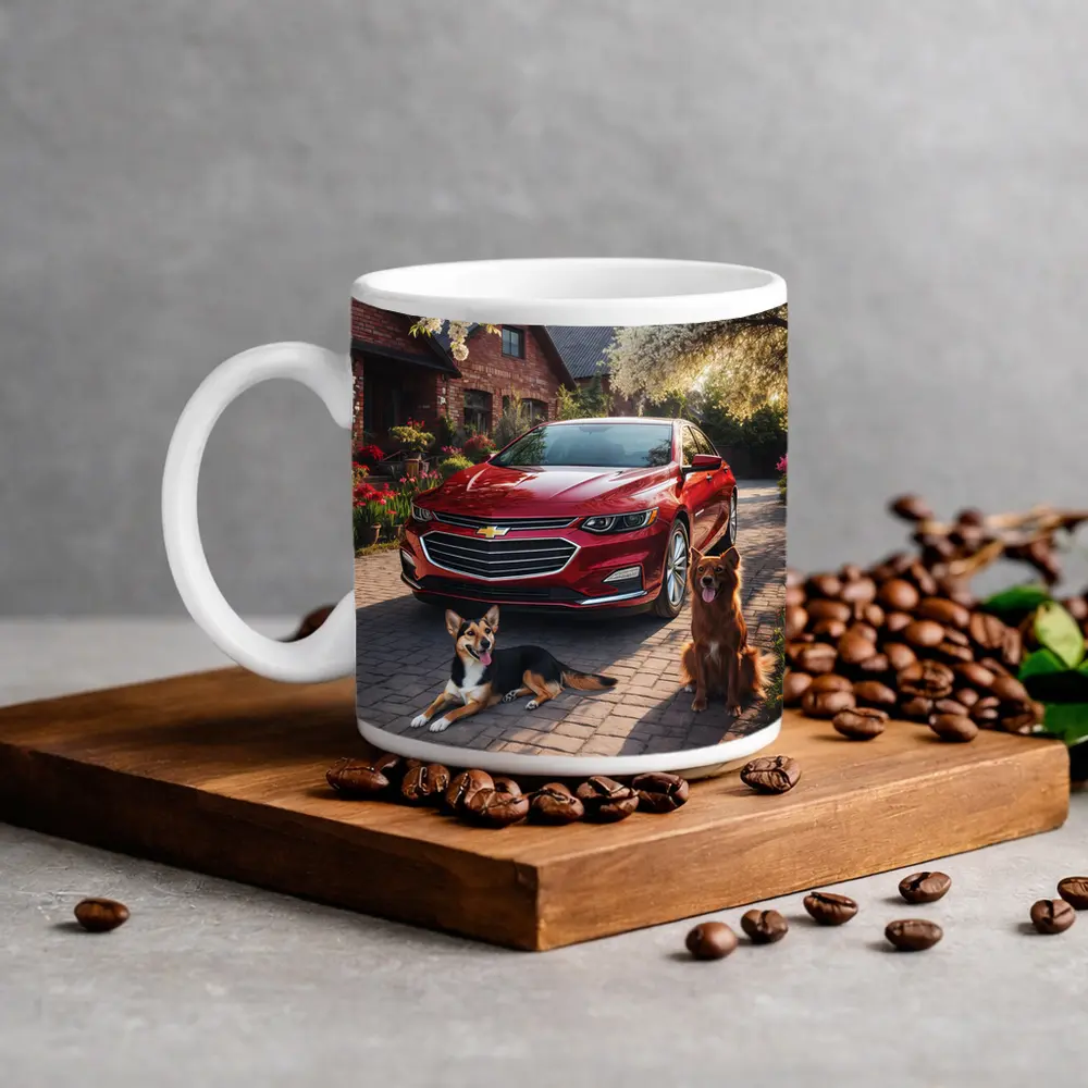 Chevrolet Malibu Red Sedan Dogs Driveway – Mugs