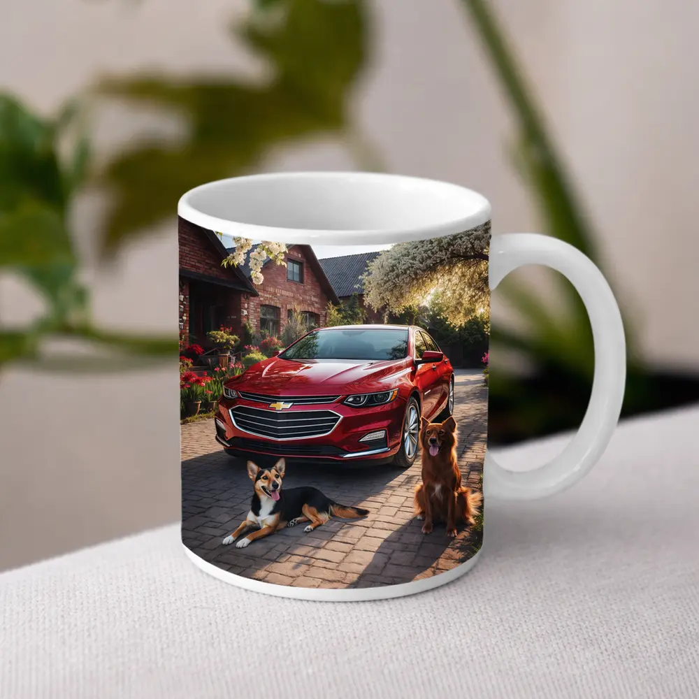Chevrolet Malibu Red Sedan Dogs Driveway – Mugs