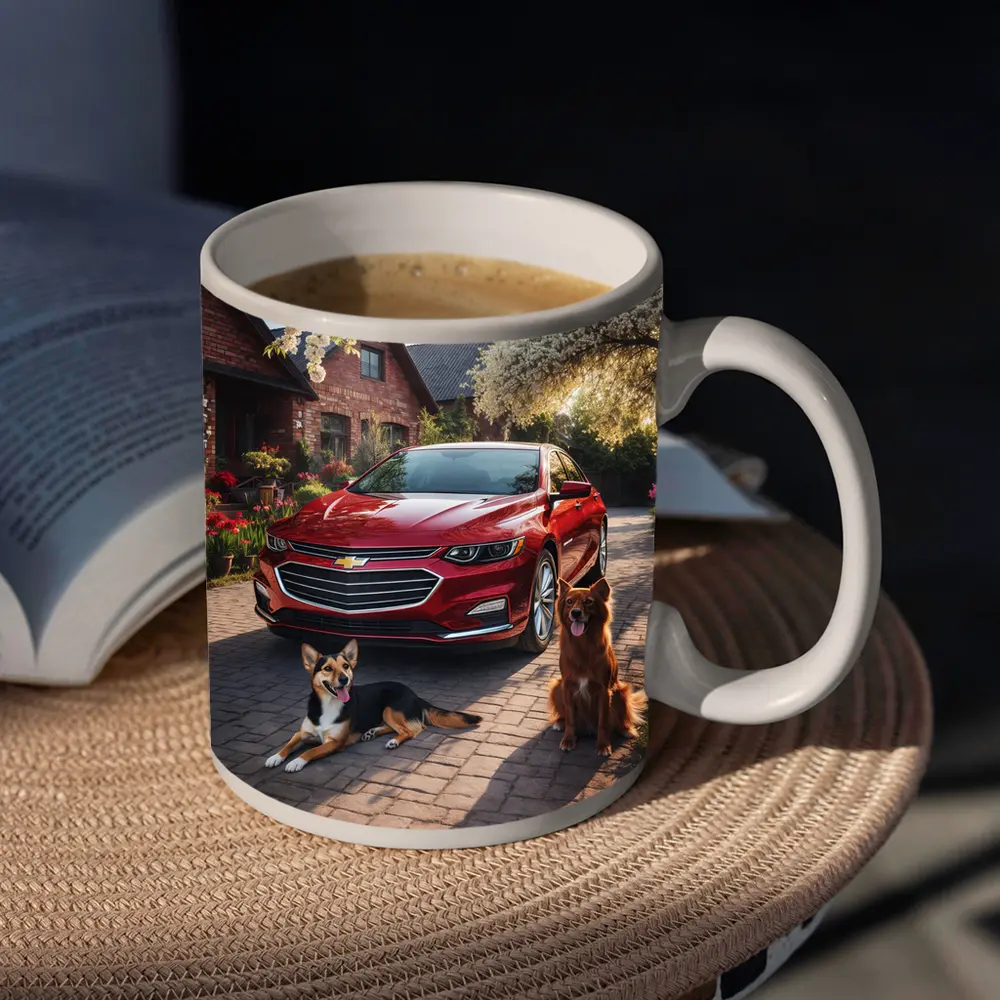 Chevrolet Malibu Red Sedan Dogs Driveway – Mugs