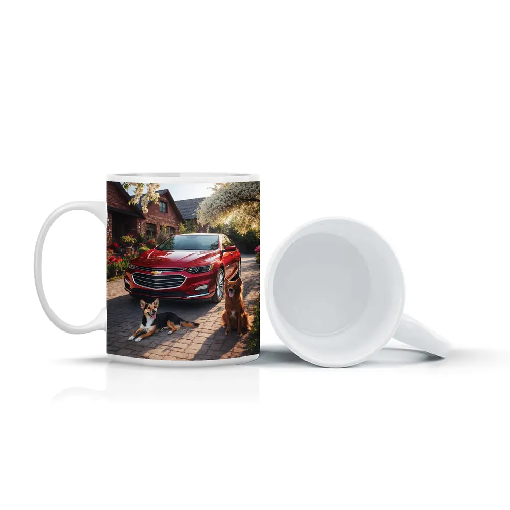 Chevrolet Malibu Red Sedan Dogs Driveway – Mugs