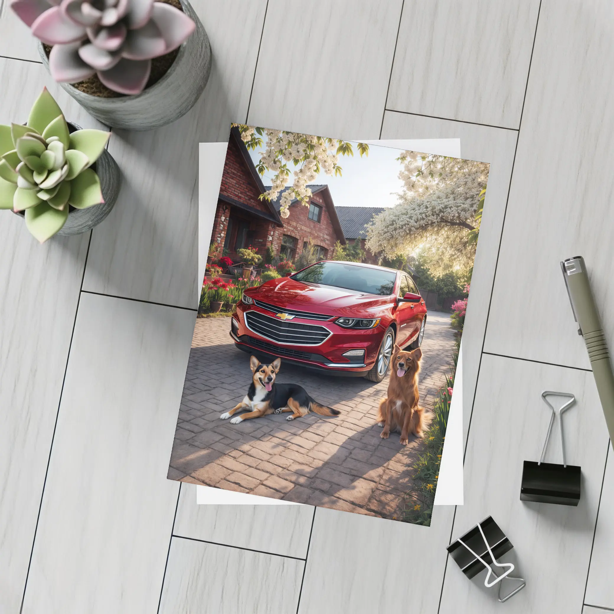 Chevrolet Malibu Red Sedan Dogs Driveway – Postcards