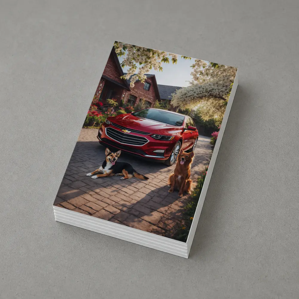 Chevrolet Malibu Red Sedan Dogs Driveway – Postcards