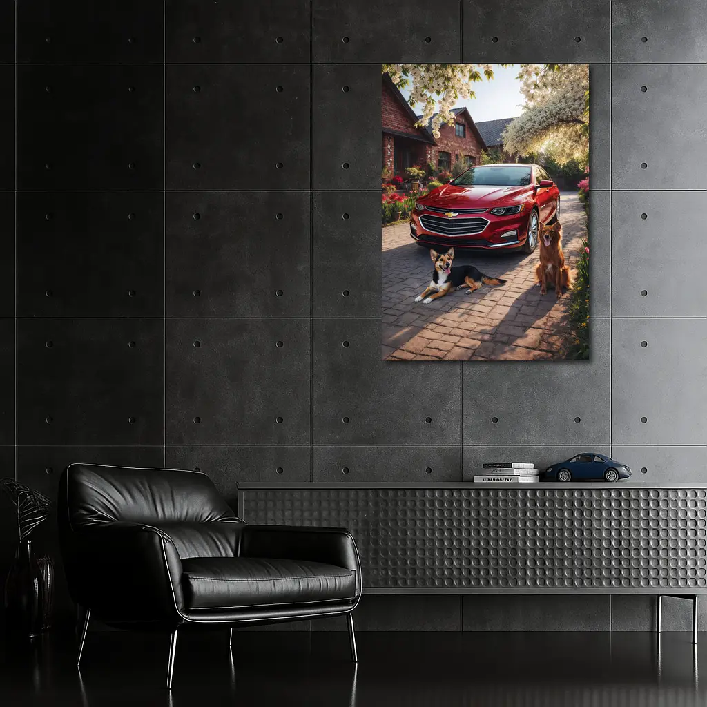 Chevrolet Malibu Red Sedan Dogs Driveway – Wall Art