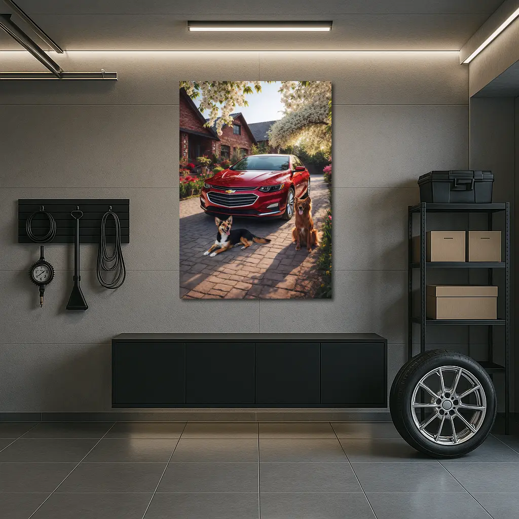 Chevrolet Malibu Red Sedan Dogs Driveway – Wall Art