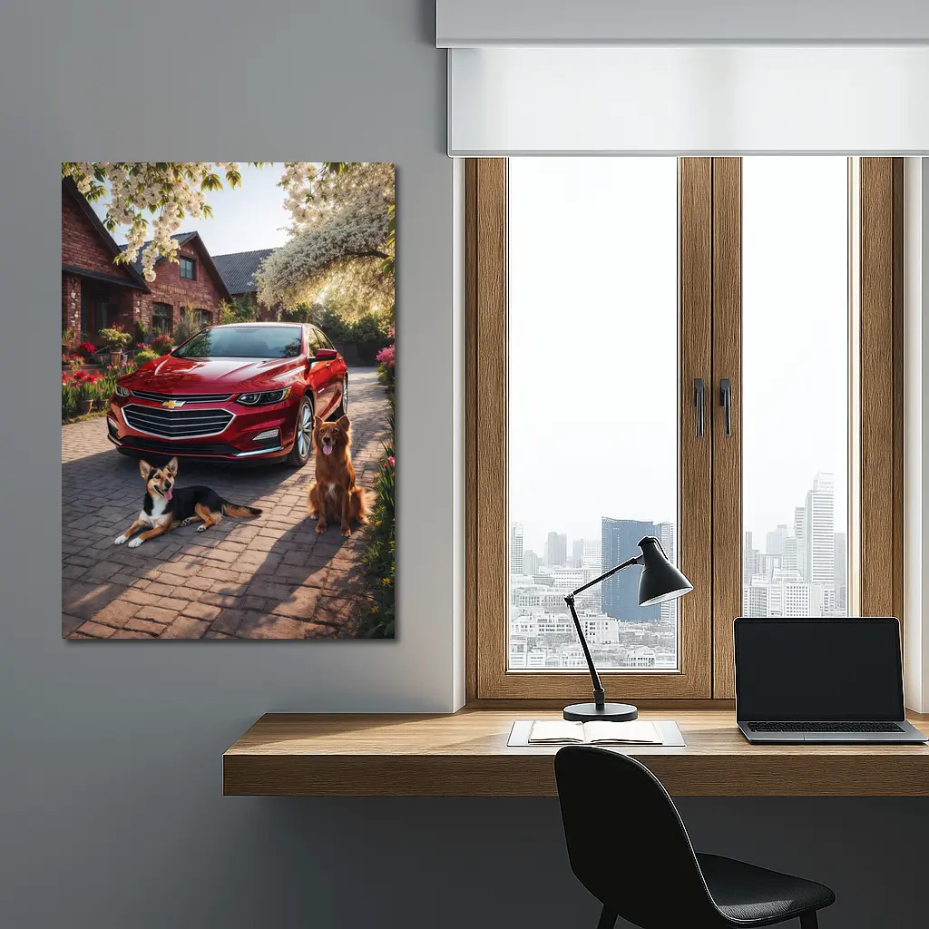 Chevrolet Malibu Red Sedan Dogs Driveway – Wall Art