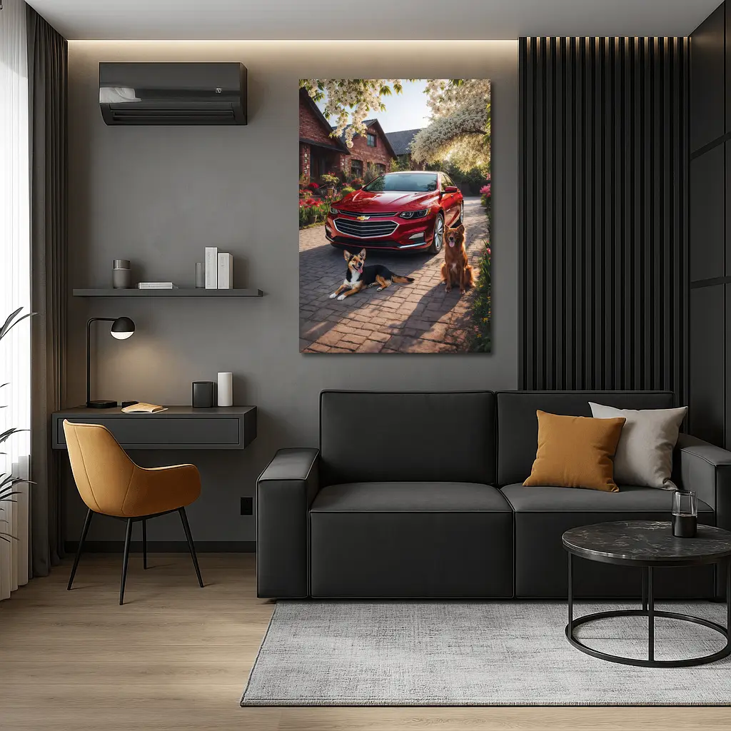 Chevrolet Malibu Red Sedan Dogs Driveway – Wall Art