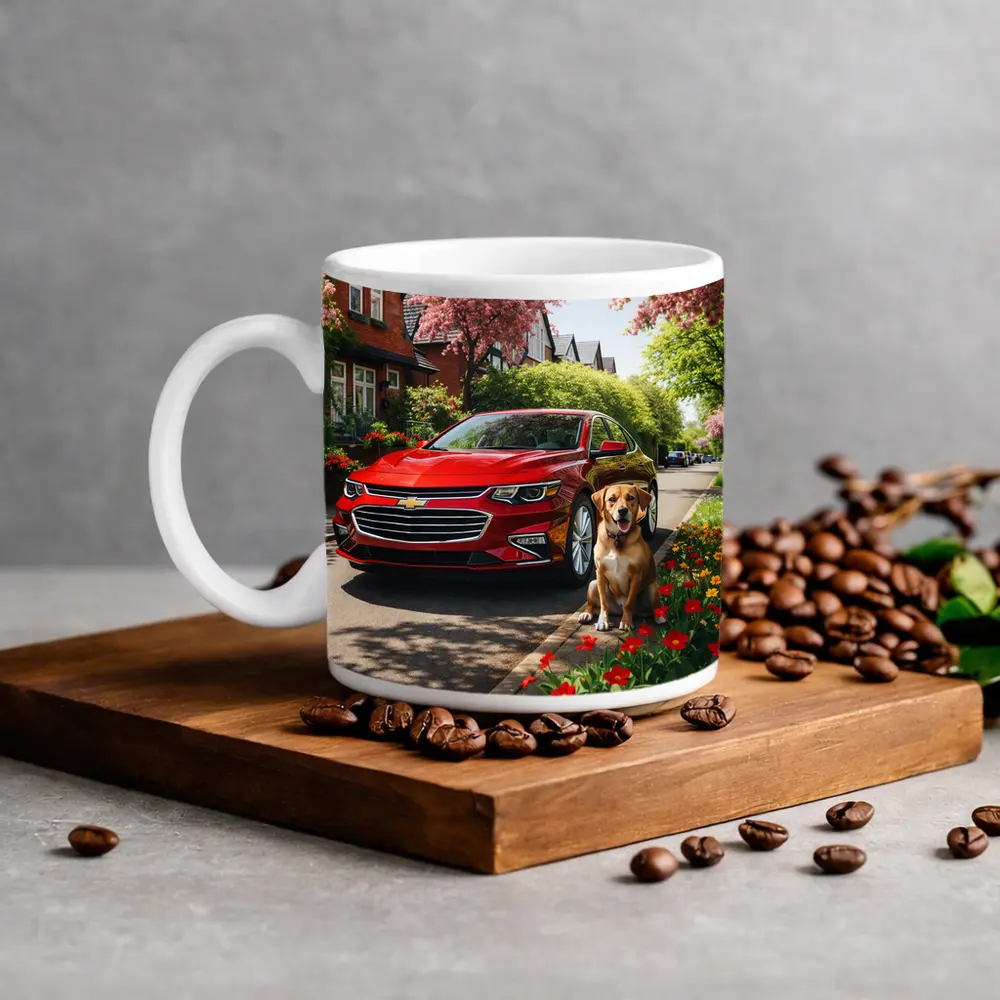 Red Chevrolet Malibu Beagle Suburban Street – Mugs