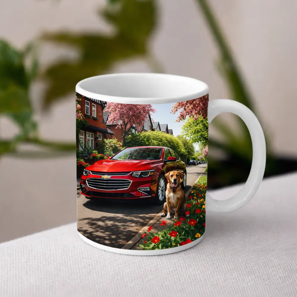 Red Chevrolet Malibu Beagle Suburban Street – Mugs