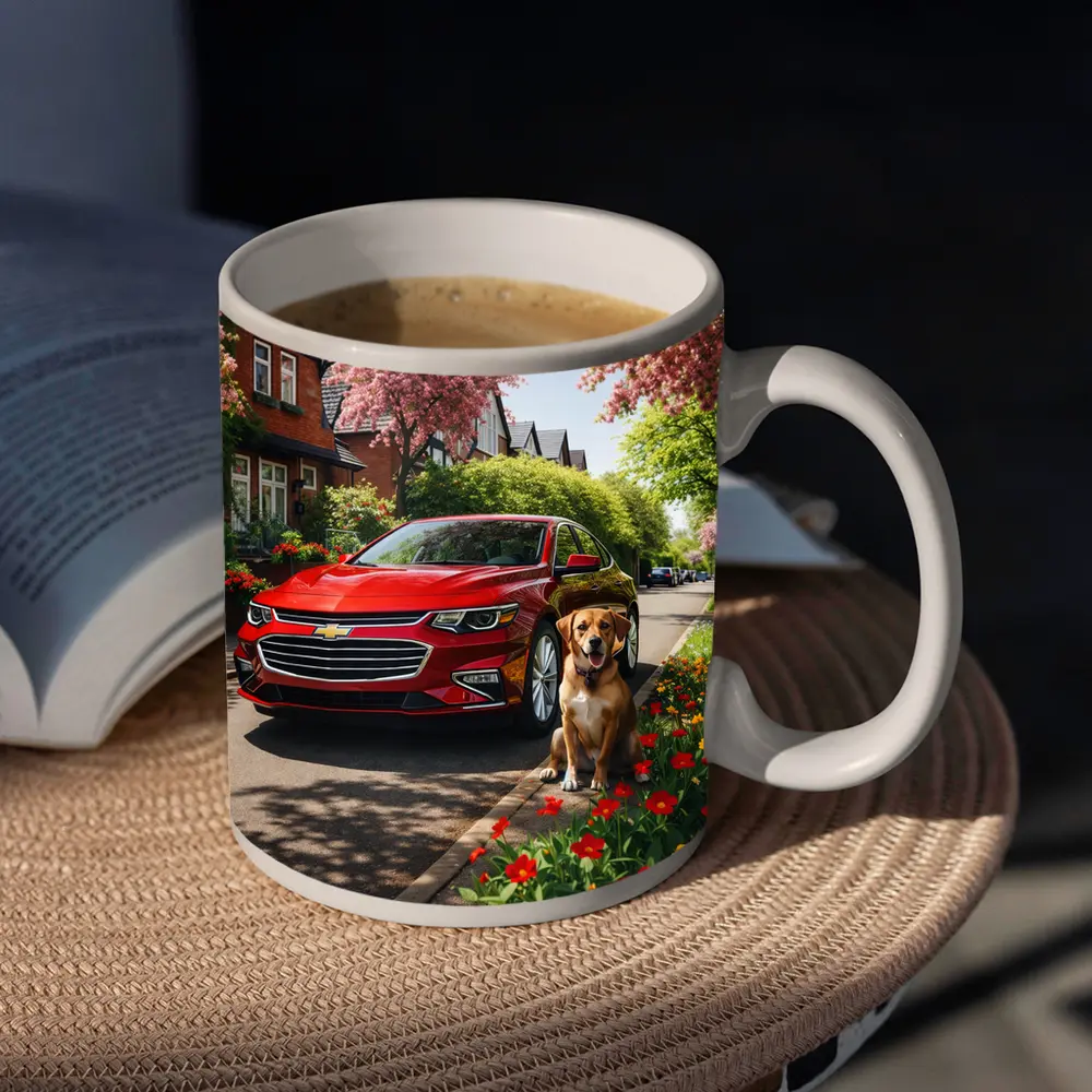 Red Chevrolet Malibu Beagle Suburban Street – Mugs