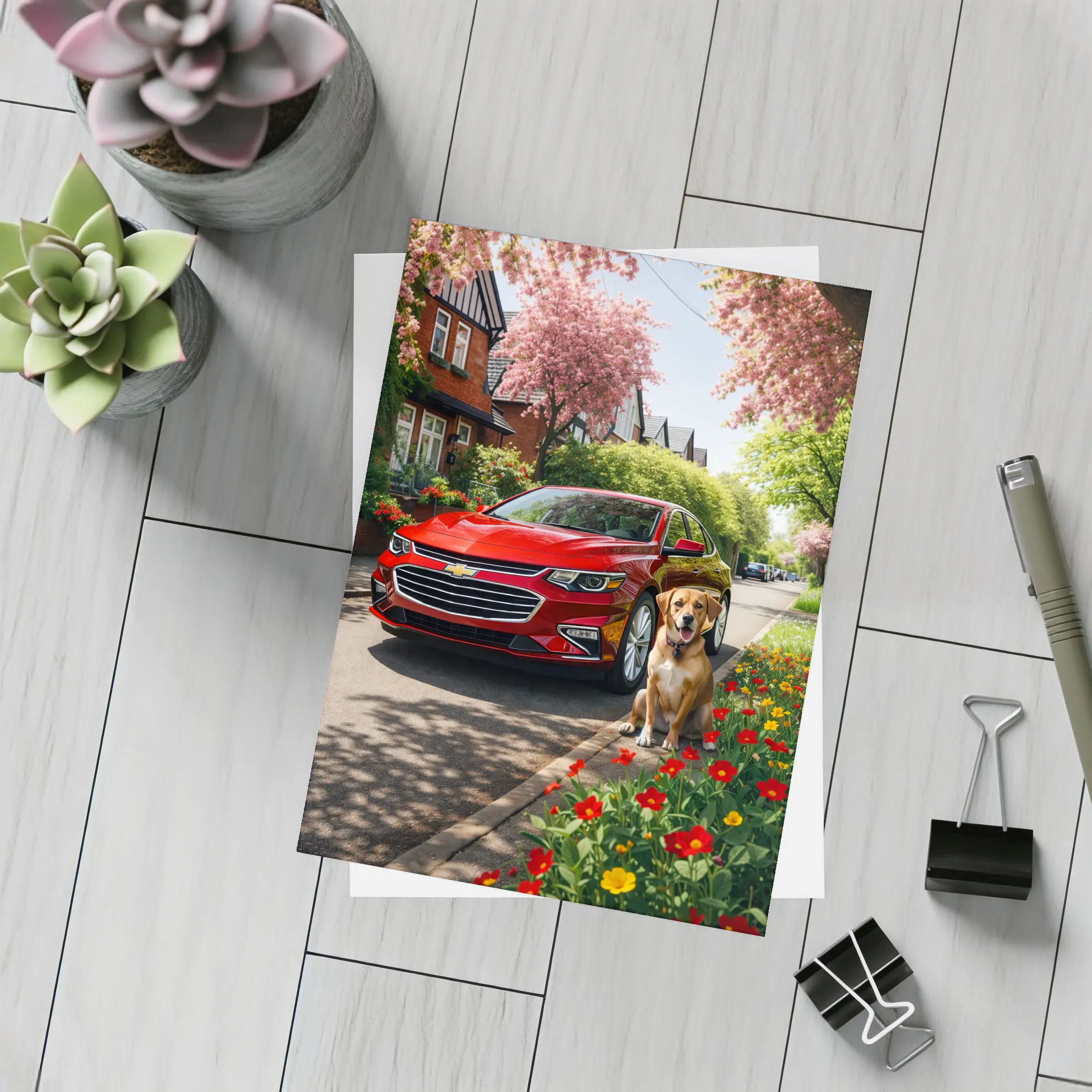 Red Chevrolet Malibu Beagle Suburban Street – Postcards