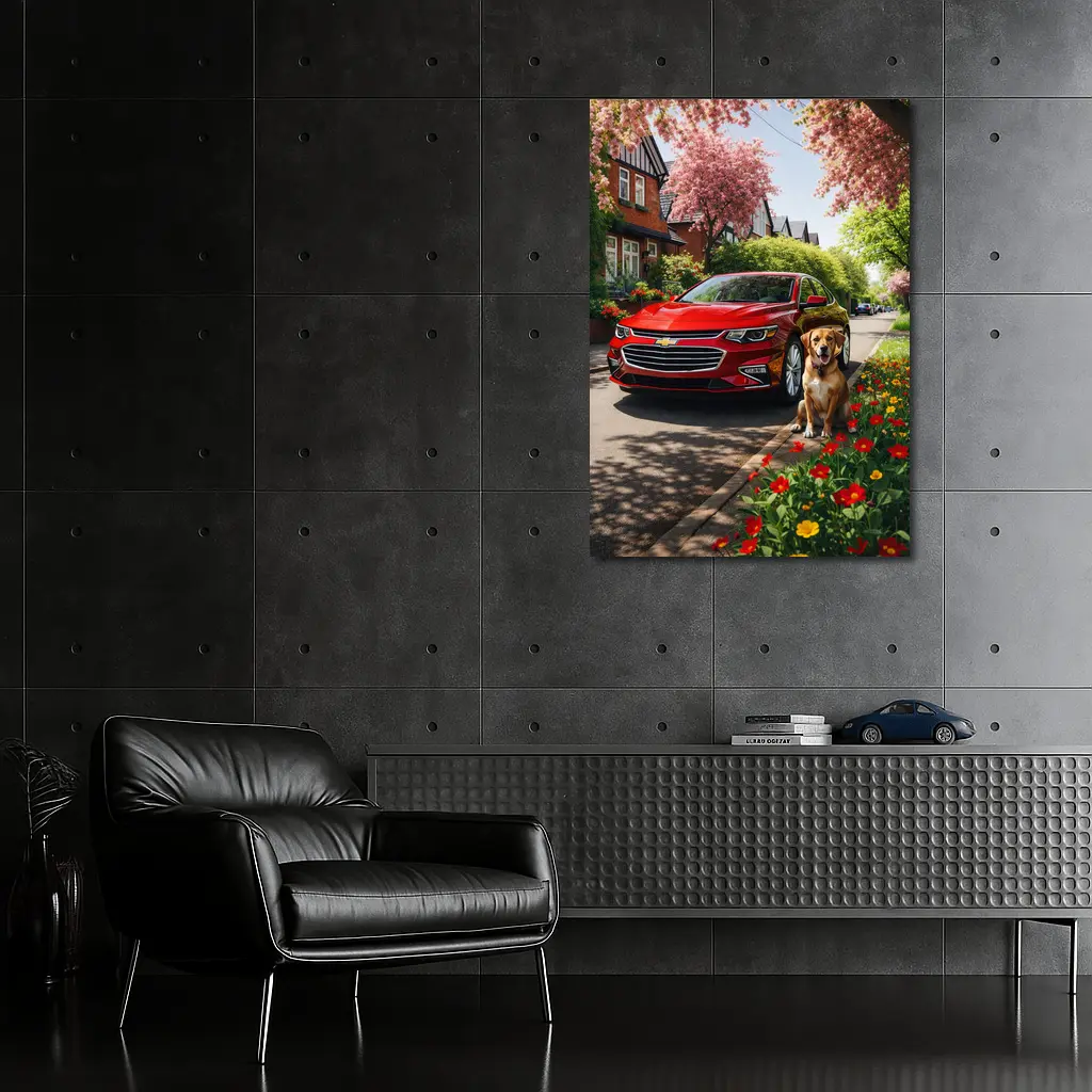 Red Chevrolet Malibu Beagle Suburban Street – Wall Art
