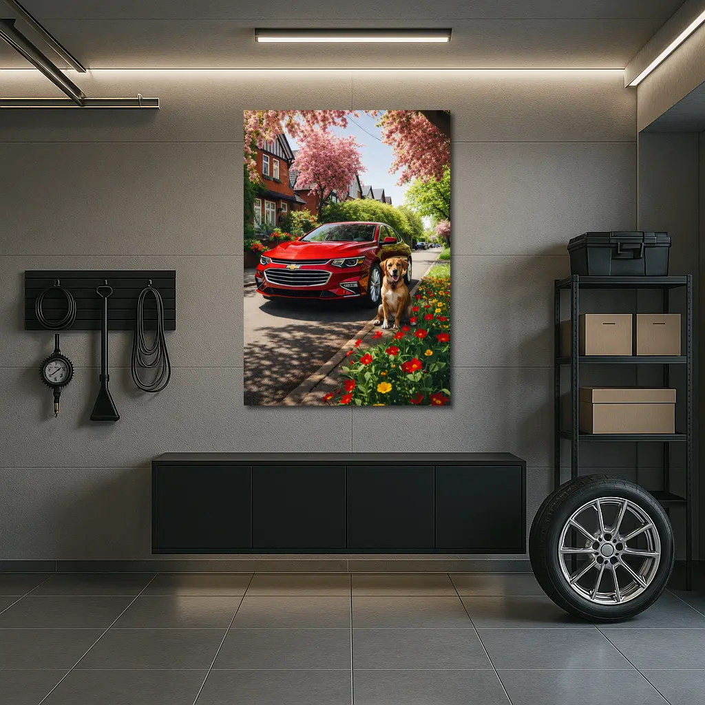 Red Chevrolet Malibu Beagle Suburban Street – Wall Art