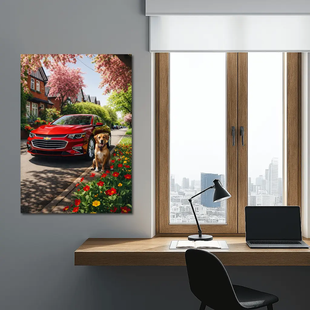Red Chevrolet Malibu Beagle Suburban Street – Wall Art