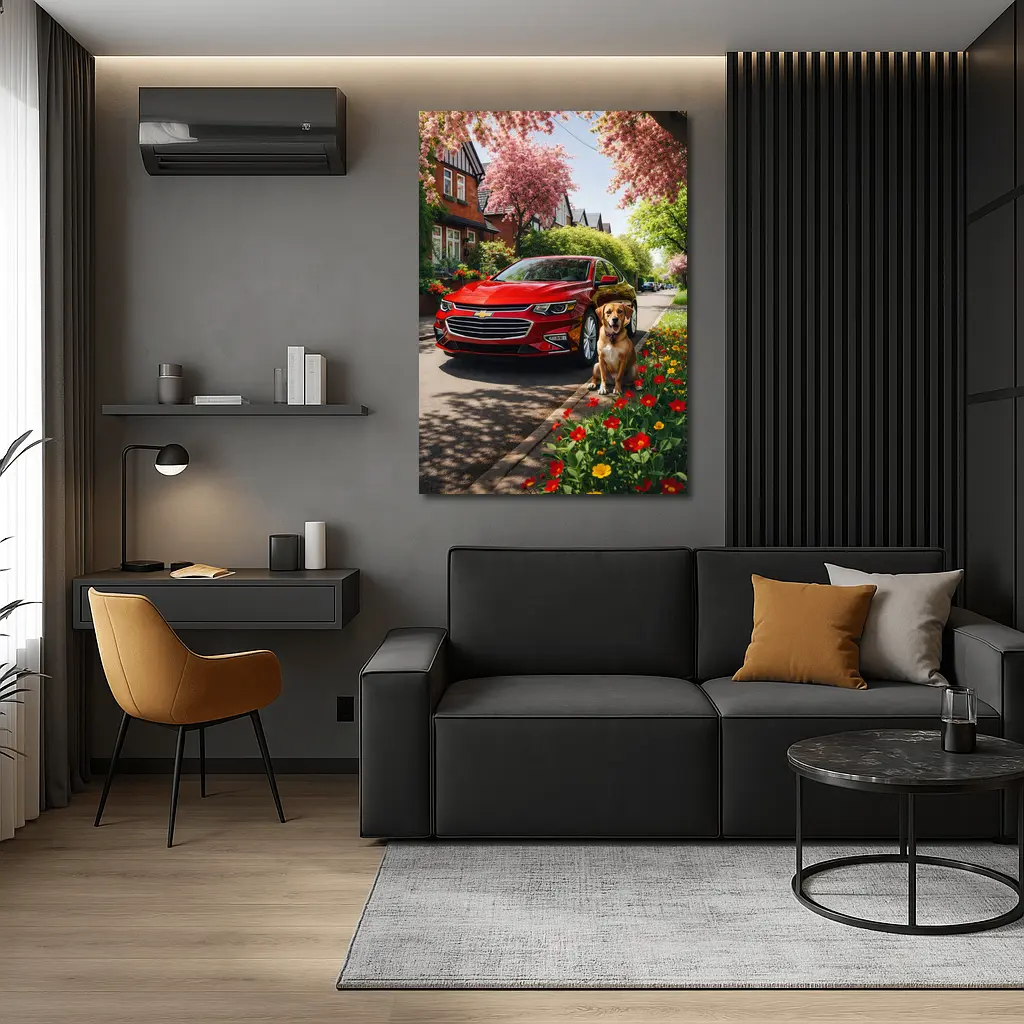 Red Chevrolet Malibu Beagle Suburban Street – Wall Art