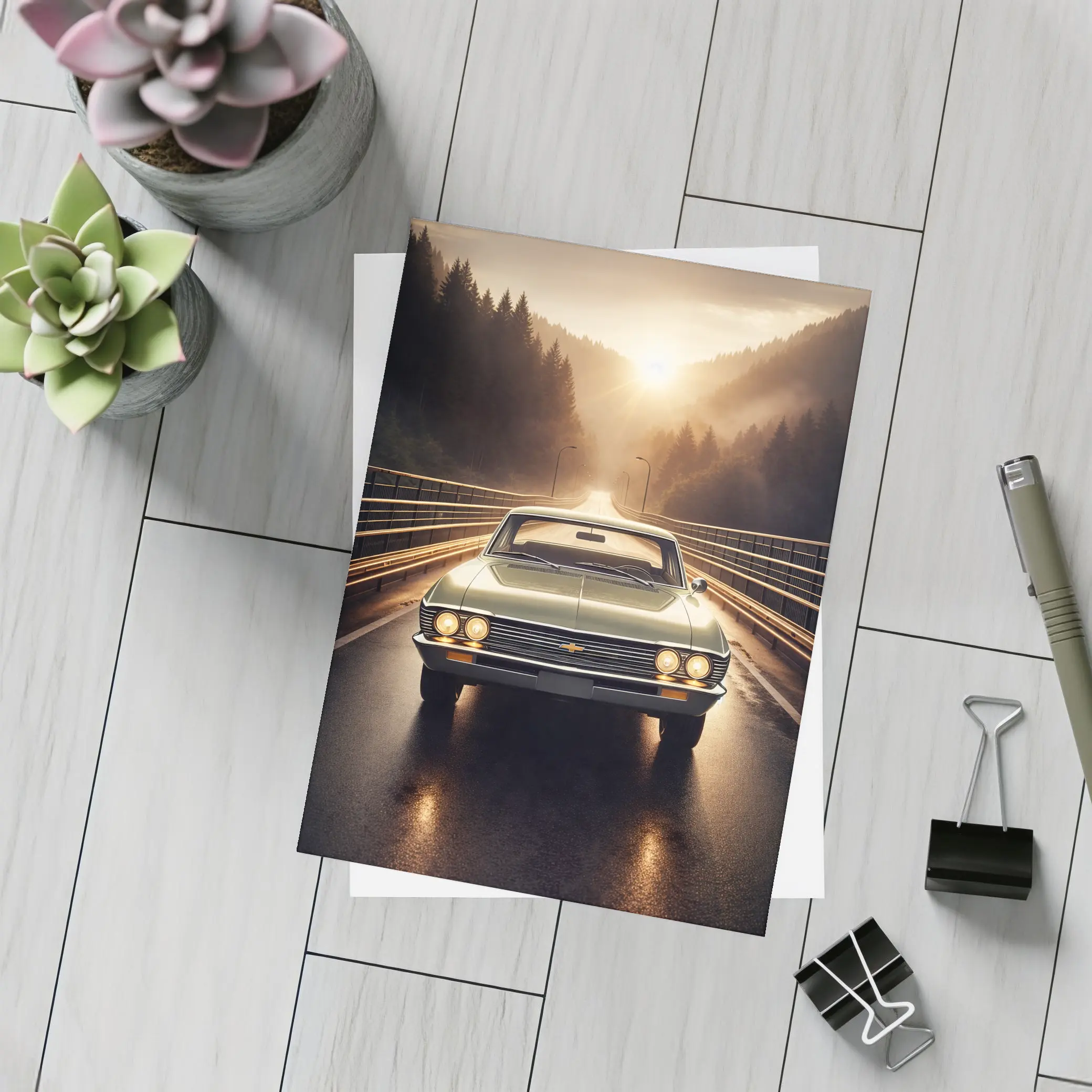 Chevrolet Malibu Classic Car on Forest Road – Postcards