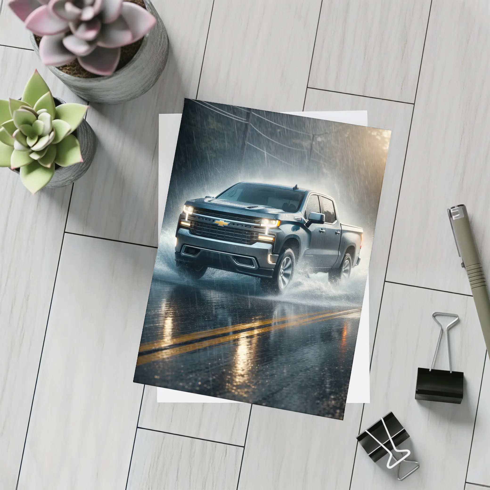 Chevrolet Silverado Driving Through Heavy Rain – Postcards