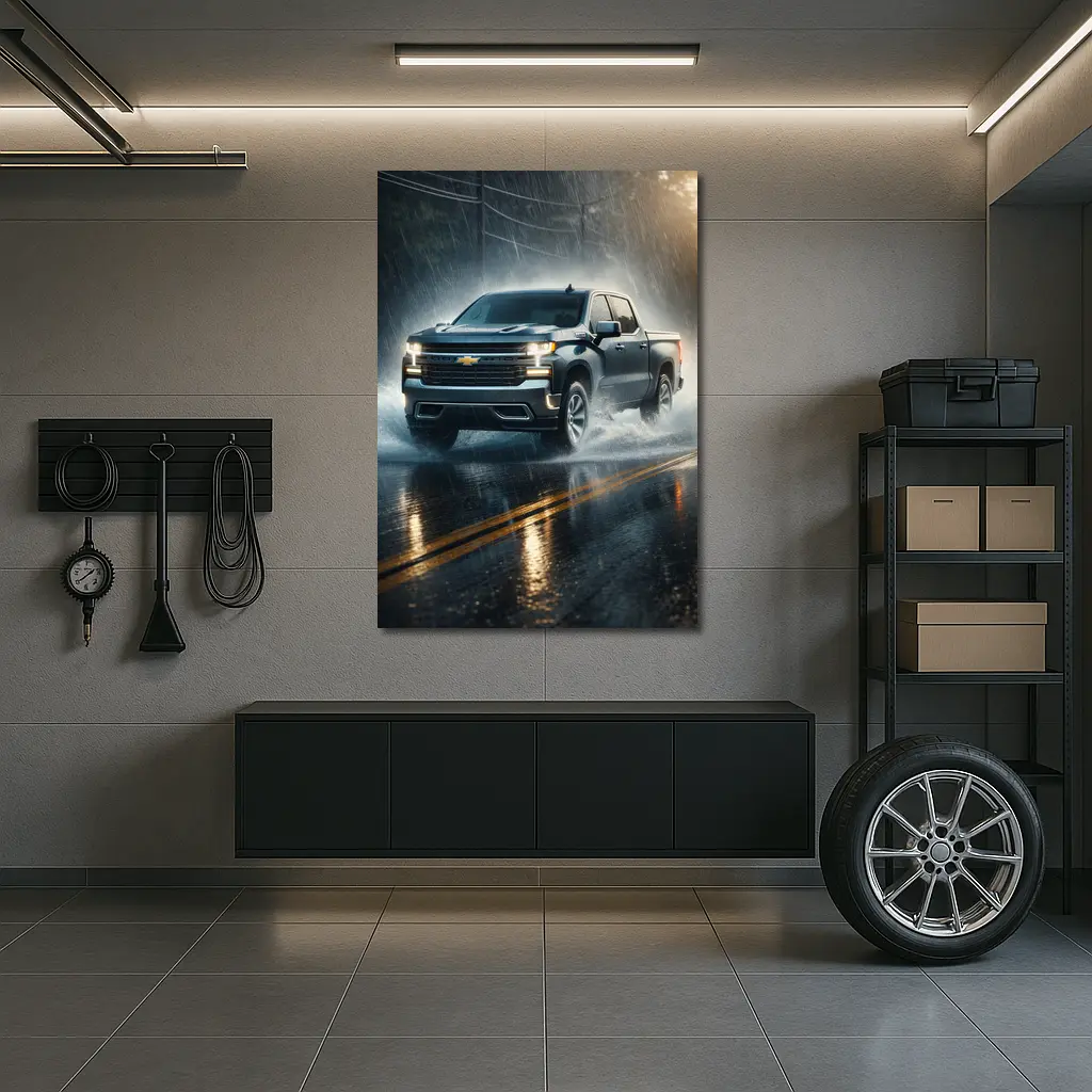 Chevrolet Silverado Driving Through Heavy Rain – Wall Art