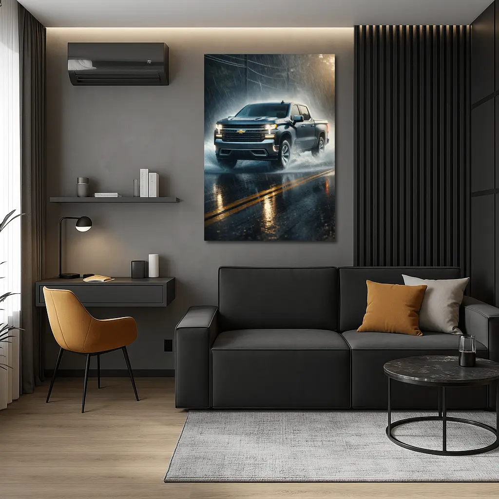Chevrolet Silverado Driving Through Heavy Rain – Wall Art