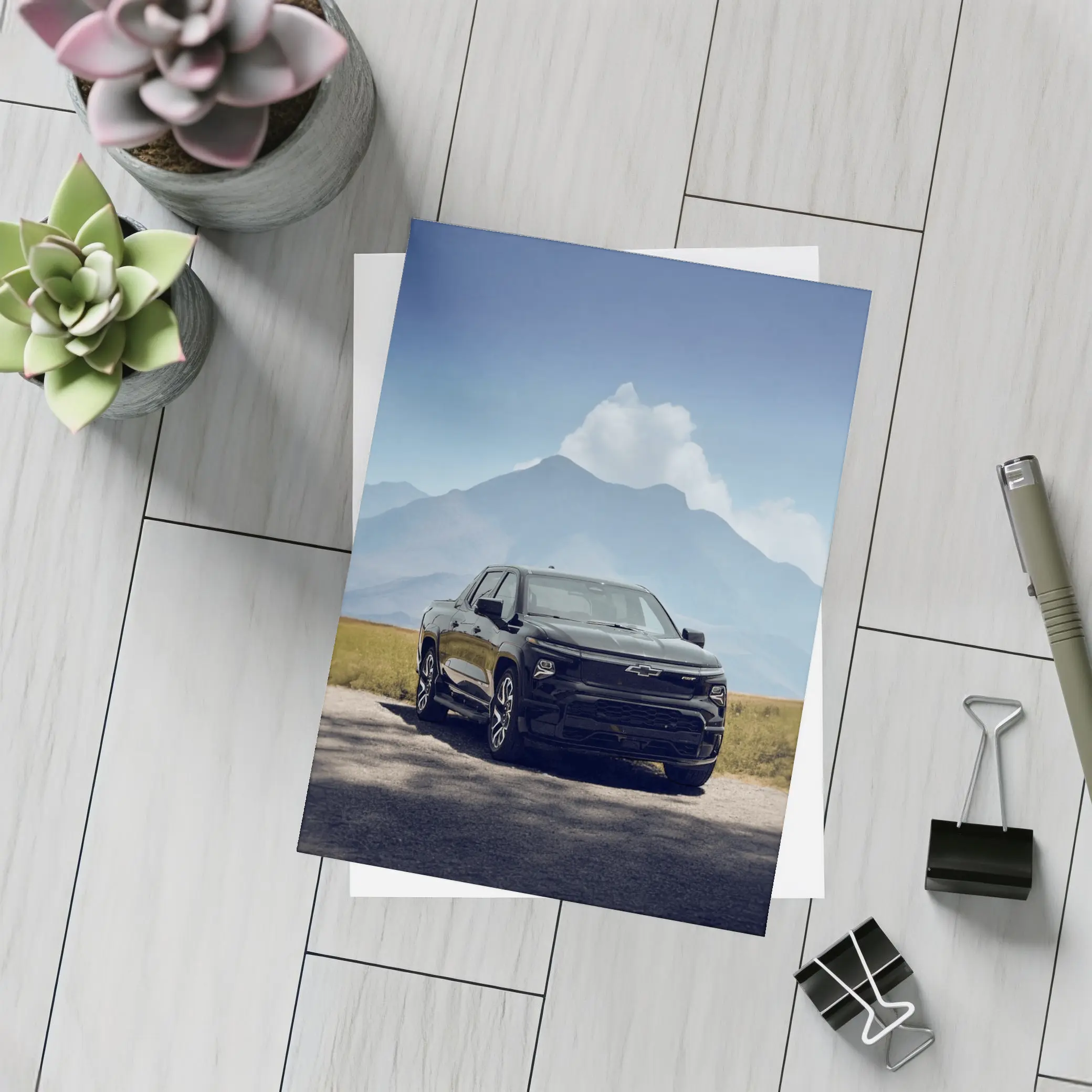 Chevrolet Silverado EV Black Mountain Background – Postcards