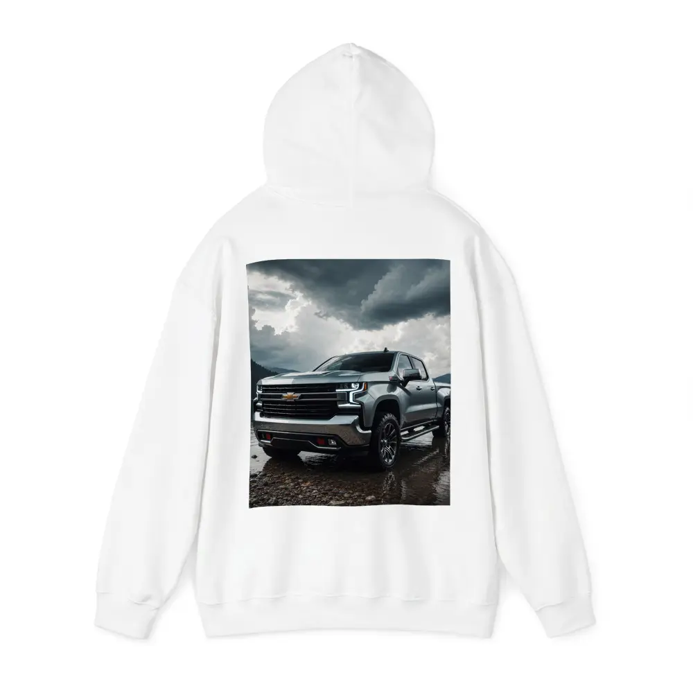 Chevrolet Silverado Parked By Stormy Lake – Hoodies