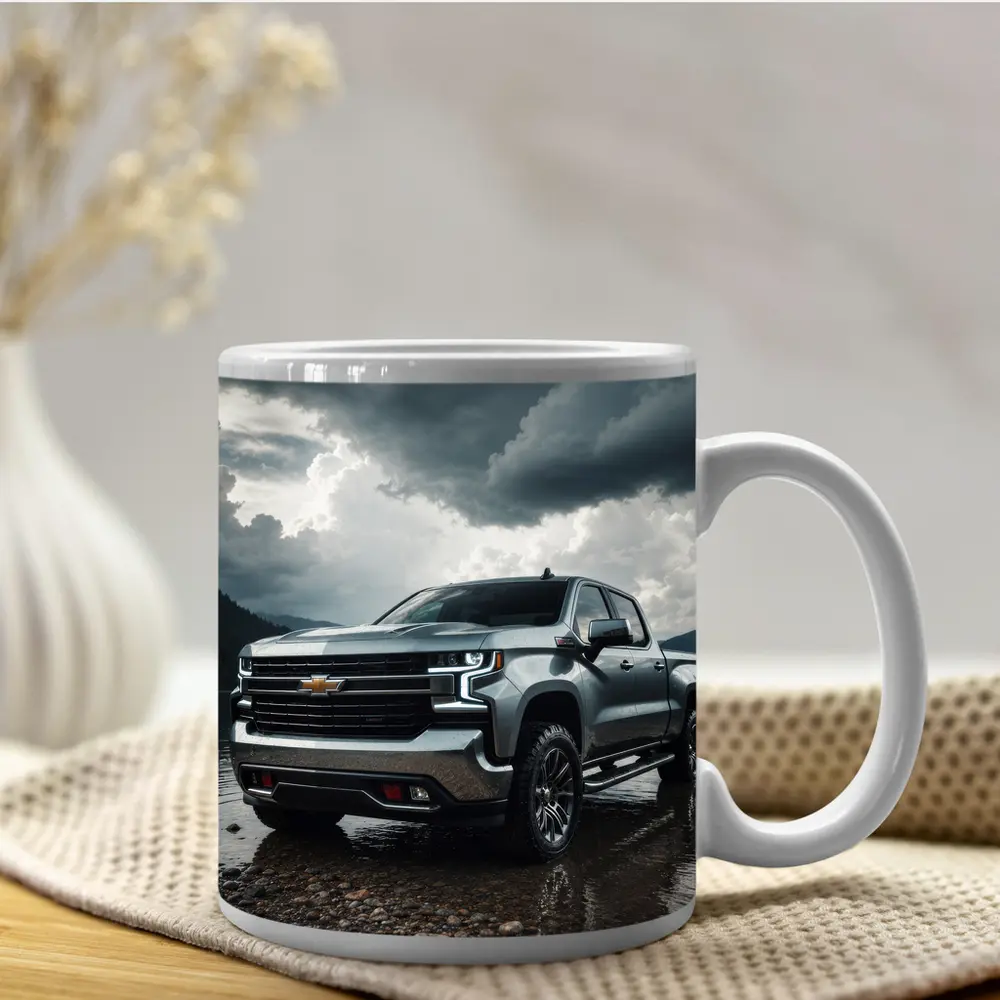 Chevrolet Silverado Parked By Stormy Lake – Mugs